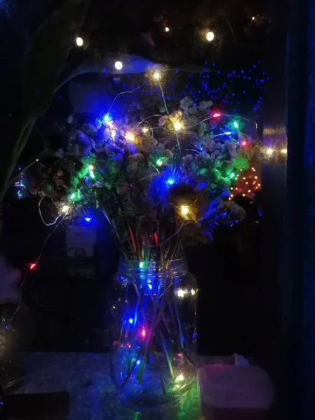 christmas lights, garland, snow, garlands, blue, sparks, bokeh, night,