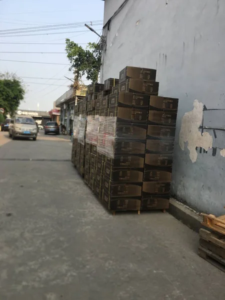 stack of wood pallets in the warehouse