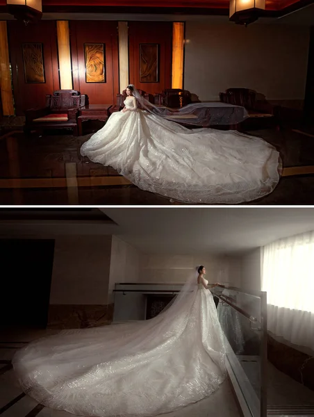 bride in a white dress with a veil in the room