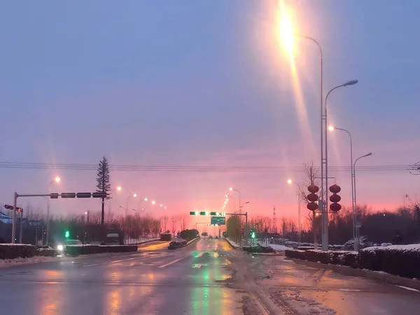 winter evening lights on the highway