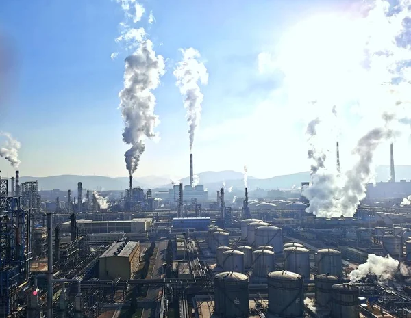 industrial factory, smoke and chimney, power plant, pollution