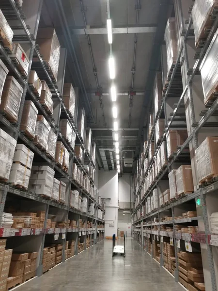 warehouse shelves in a row