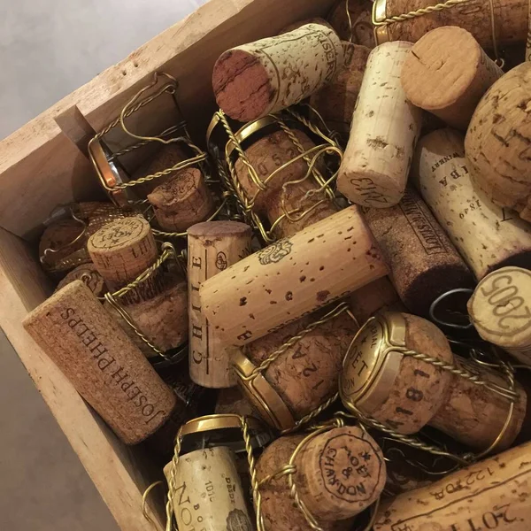 wine bottles with corks on wooden background