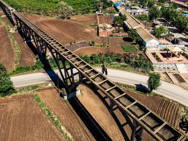 aerial view of the railway bridge in the city of thailand