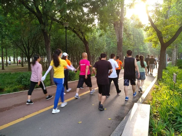 group of people walking in the park