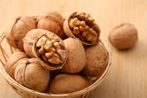 Walnuts Wooden Bowl White Background — Stock Photo, Image