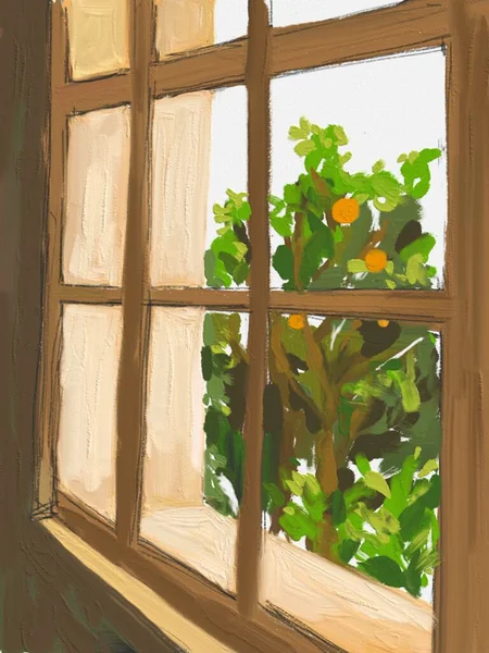 window with green leaves and wooden shutters