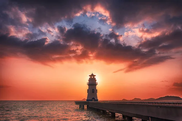 lighthouse at sunset, the sea, the sun sets, the sky and the clouds