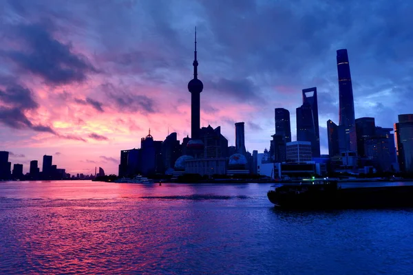 shanghai skyline at sunset, china