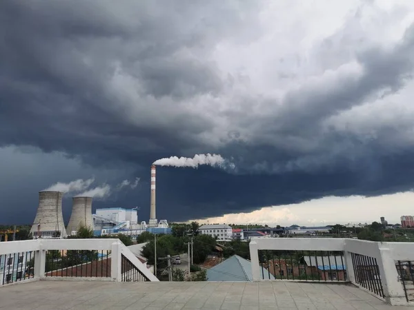 industrial factory, smoke and chimney, pollution