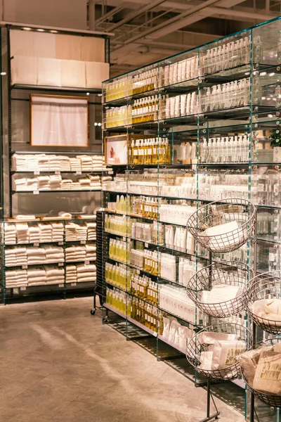 warehouse shelves with goods in the supermarket