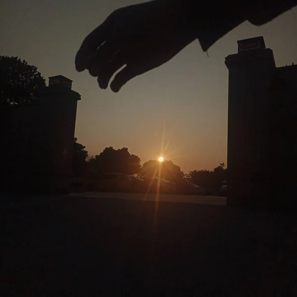 silhouette of a man with a sword on the background of the city