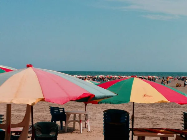 beach chairs and umbrellas on the sea
