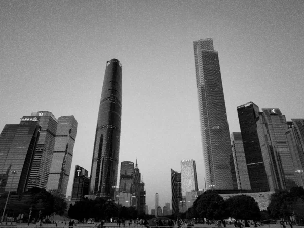 black and white photo of modern buildings