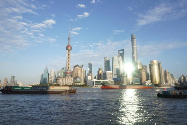 shanghai skyline, view from the river, new york city, usa