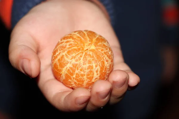 hand holding a ripe tangerine on a black background