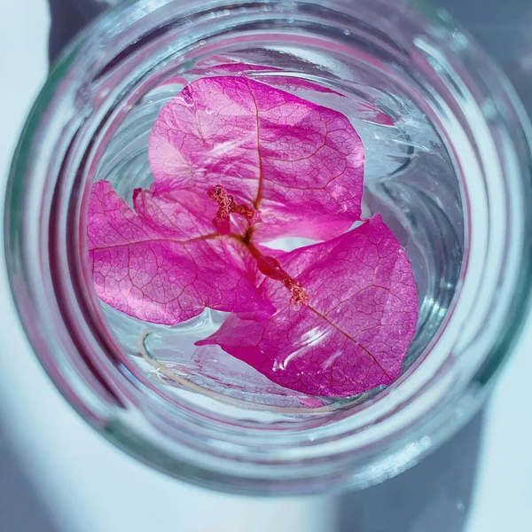 pink glass jar with purple flowers on a white background.