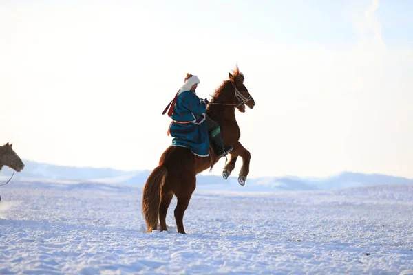 young woman riding horse in winter snow