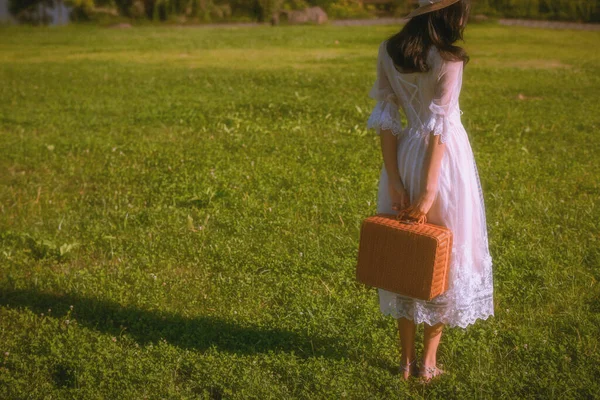 young beautiful girl in a dress with a bag in her hands