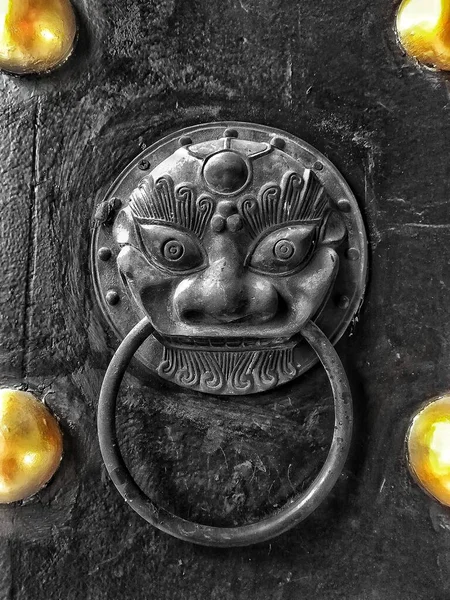old bronze door knocker on the background of the wooden gate