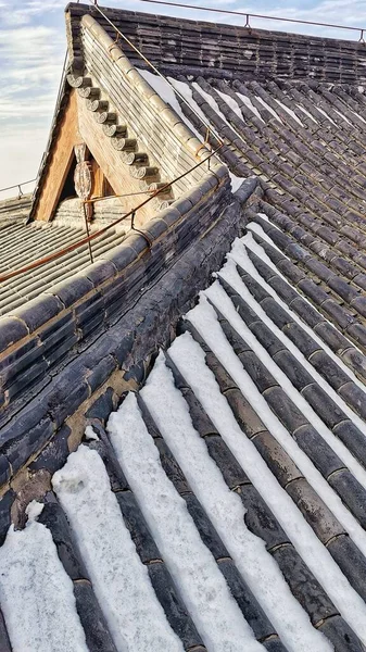 old wooden roof with snow