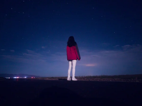 silhouette of a girl on a background of the night sky