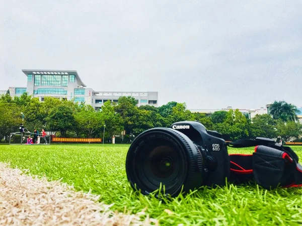 photo of a camera on the background of the green grass