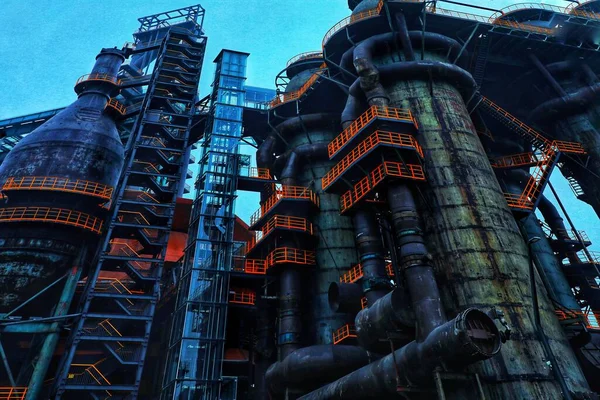 industrial factory, architecture, blue sky, oil refinery