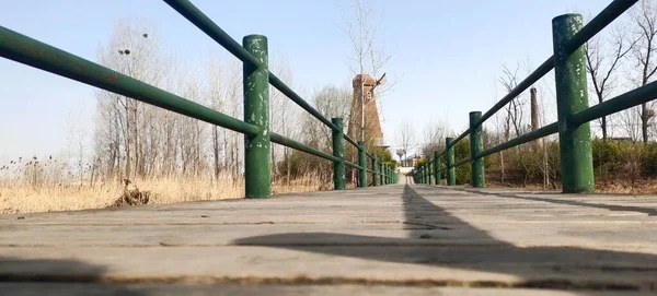 a man is walking on the bridge in the park