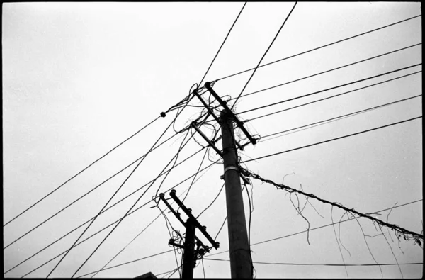black and white photo of a power pole