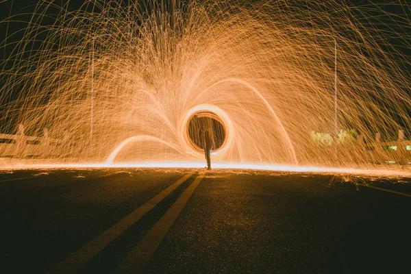 motion blur of a tunnel with lights and light trails