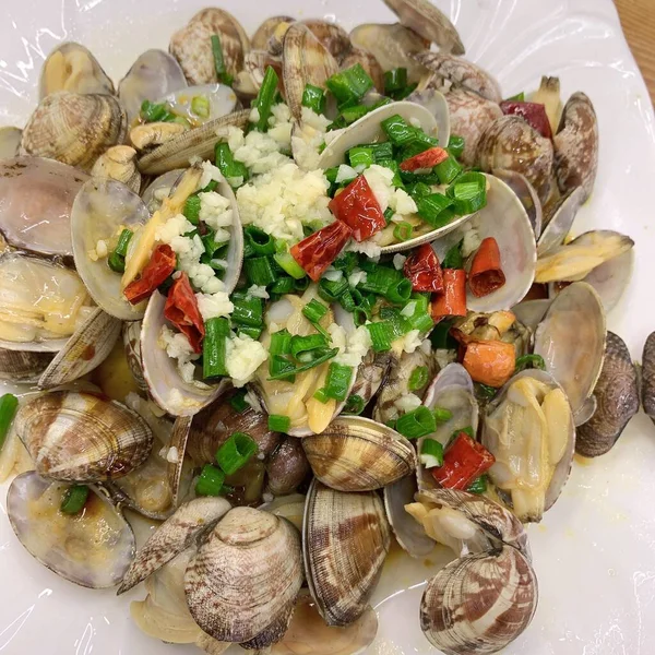 seafood salad with mussels, shrimps and vegetables