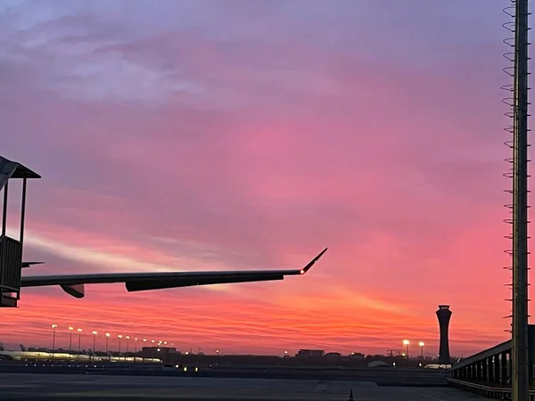 view of the airport at sunset