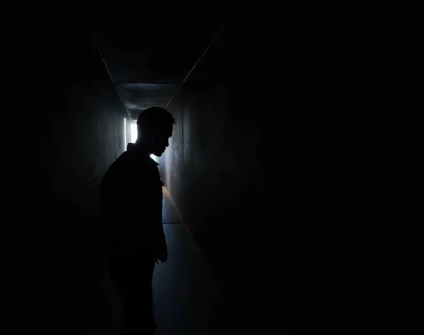 silhouette of a man in a black suit with a gun on a dark background