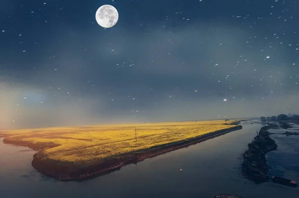 beautiful landscape with moon and stars