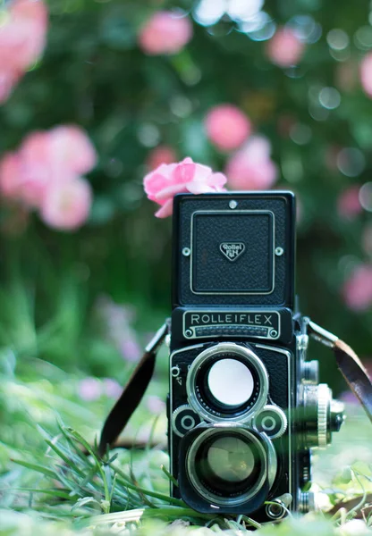 vintage camera with pink flowers on the background of the old wooden table
