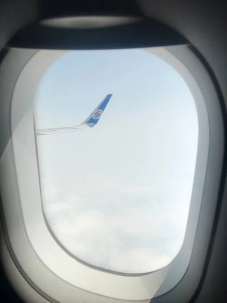 airplane wing, view from window, plane, aircraft, sky, clouds, blue cloudy weather