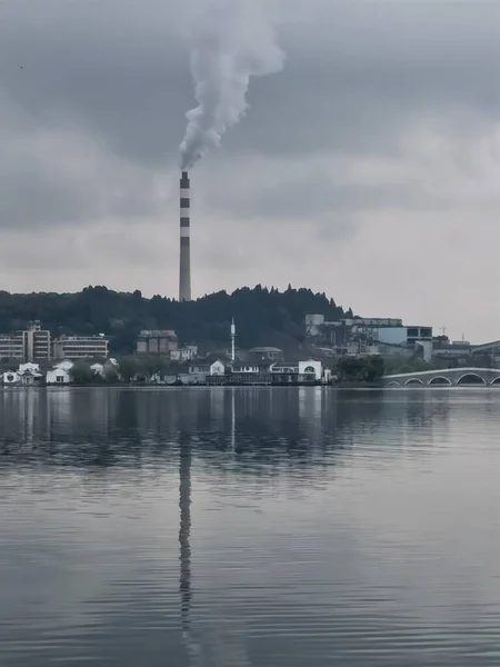 industrial factory, smoke and chimney, pollution