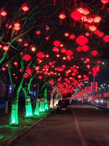 christmas lights, night, street, fireworks, garlands, lanterns, trees, bokeh, background,