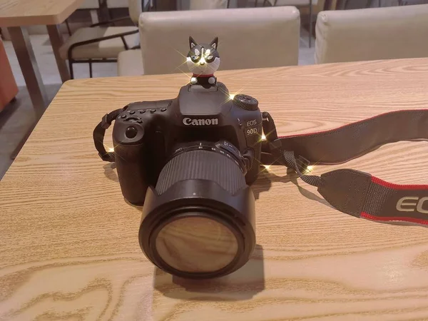 a camera with a digital slr cameras on a wooden table