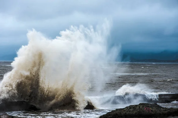 stormy sea waves crashing on the rocks