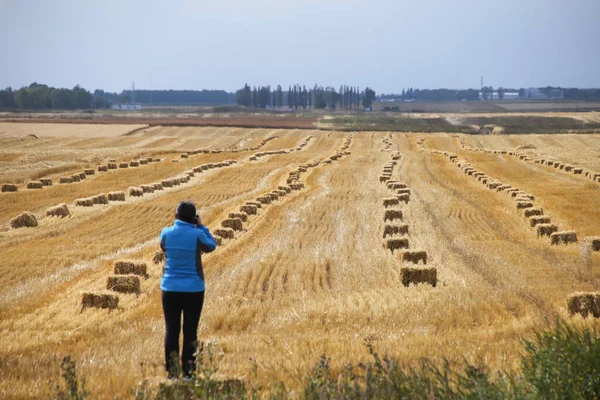 a young man in a field with a backpack and a bag of wheat