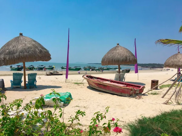 beautiful beach with umbrellas and umbrella on the sea