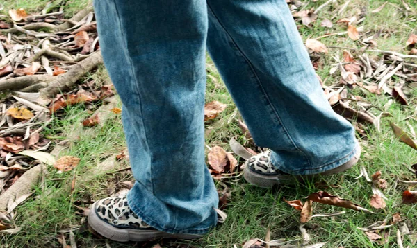 legs of a man in a jeans and boots on a background of a forest