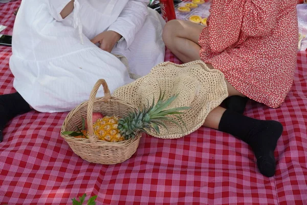 woman with a picnic basket with a blanket