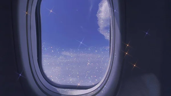 airplane window with wing and moon