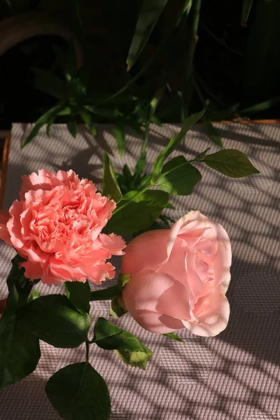 beautiful pink roses in a vase on a dark background