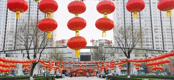 chinese new year, red lanterns, the background of the city, the lantern, the sky, the