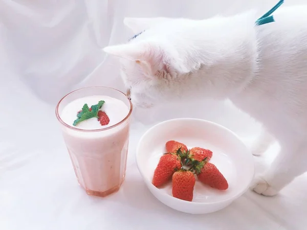 strawberry smoothie with strawberries and a glass of milk