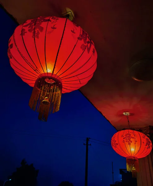 red and white lanterns in the background